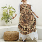 Tribal Maya Calendar Print Silk V-Neck Kaftan Dress
