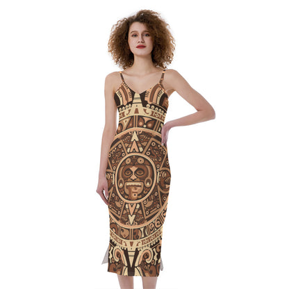 Tribal Maya Calendar Print Slim Fit Midi Cami Dress