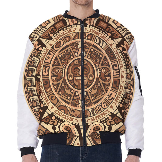 Tribal Maya Calendar Print Zip Sleeve Bomber Jacket
