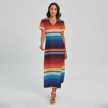 Tribal Mexican Blanket Pattern Print Short Sleeve Maxi Dress