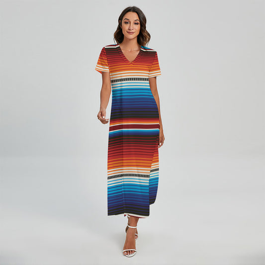 Tribal Mexican Blanket Pattern Print Short Sleeve Maxi Dress