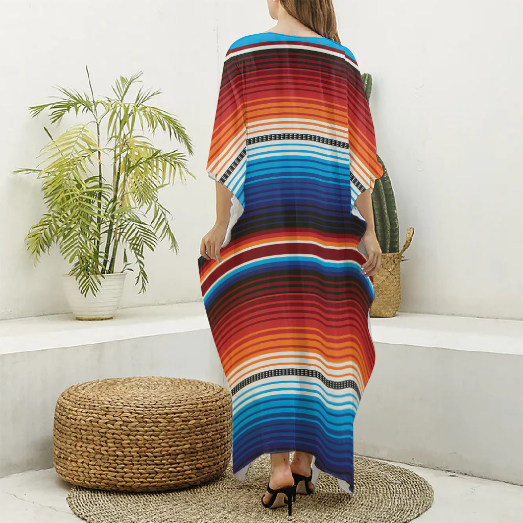 Tribal Mexican Blanket Pattern Print Silk V-Neck Kaftan Dress