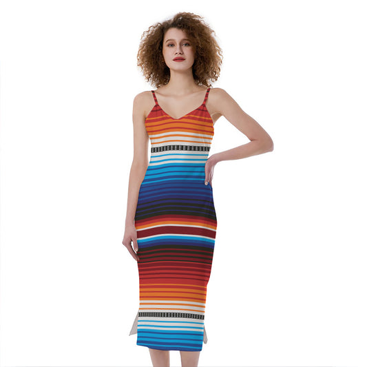 Tribal Mexican Blanket Pattern Print Slim Fit Midi Cami Dress