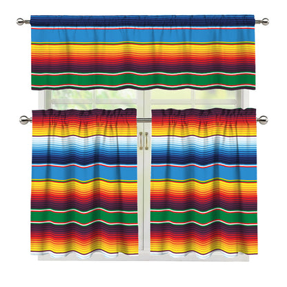 Tribal Mexican Blanket Stripe Print 3 Piece Kitchen Curtains