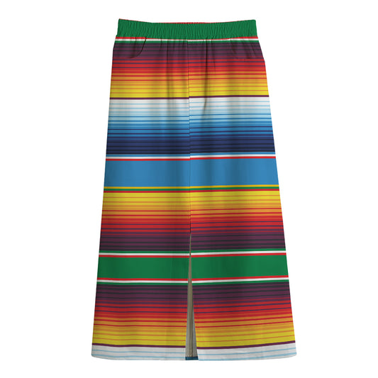 Tribal Mexican Blanket Stripe Print Cotton Front Slit Maxi Skirt