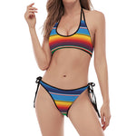 Tribal Mexican Blanket Stripe Print Halter Scoop Tie Side Bikini