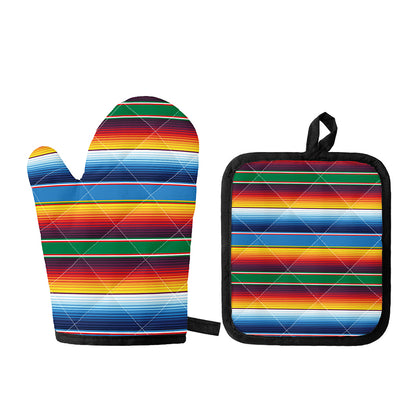 Tribal Mexican Blanket Stripe Print Oven Mitt And Pot Holder Set