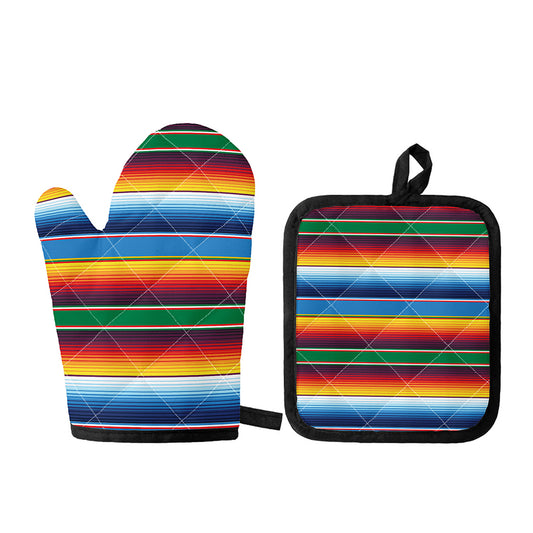 Tribal Mexican Blanket Stripe Print Oven Mitt And Pot Holder Set