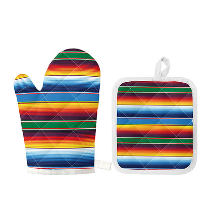 Tribal Mexican Blanket Stripe Print Oven Mitt And Pot Holder Set