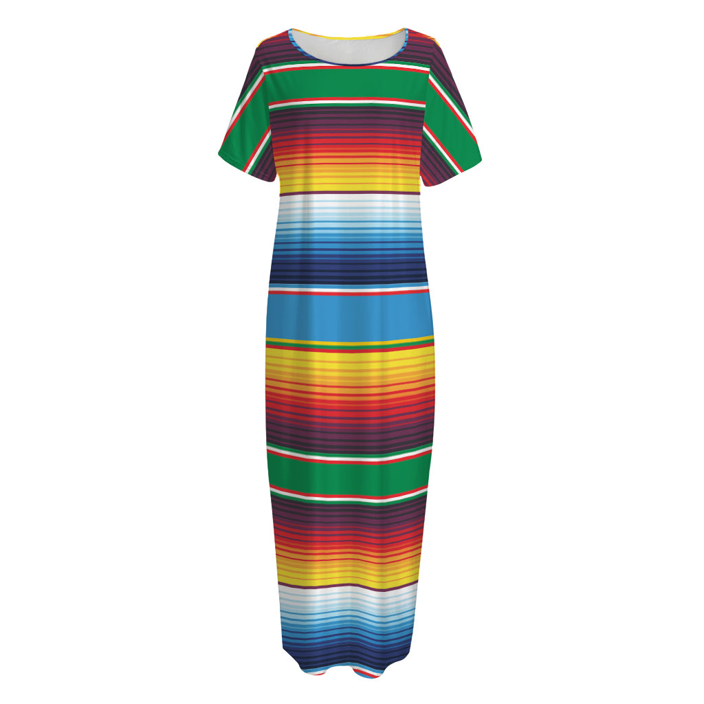 Tribal Mexican Blanket Stripe Print Short Sleeve Long Nightdress