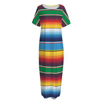 Tribal Mexican Blanket Stripe Print Short Sleeve Long Nightdress