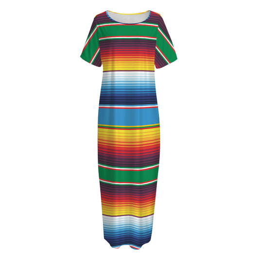 Tribal Mexican Blanket Stripe Print Short Sleeve Long Nightdress