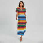Tribal Mexican Blanket Stripe Print Short Sleeve Maxi Dress