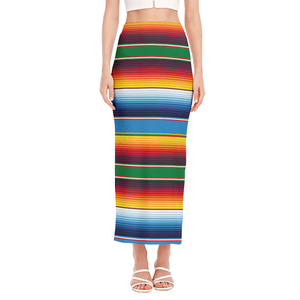 Tribal Mexican Blanket Stripe Print Side Slit Maxi Skirt