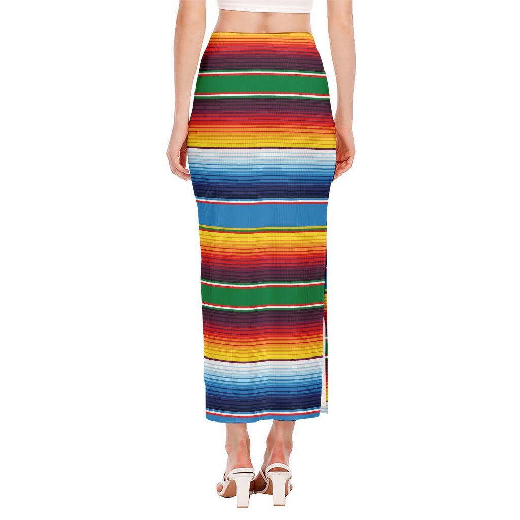 Tribal Mexican Blanket Stripe Print Side Slit Maxi Skirt