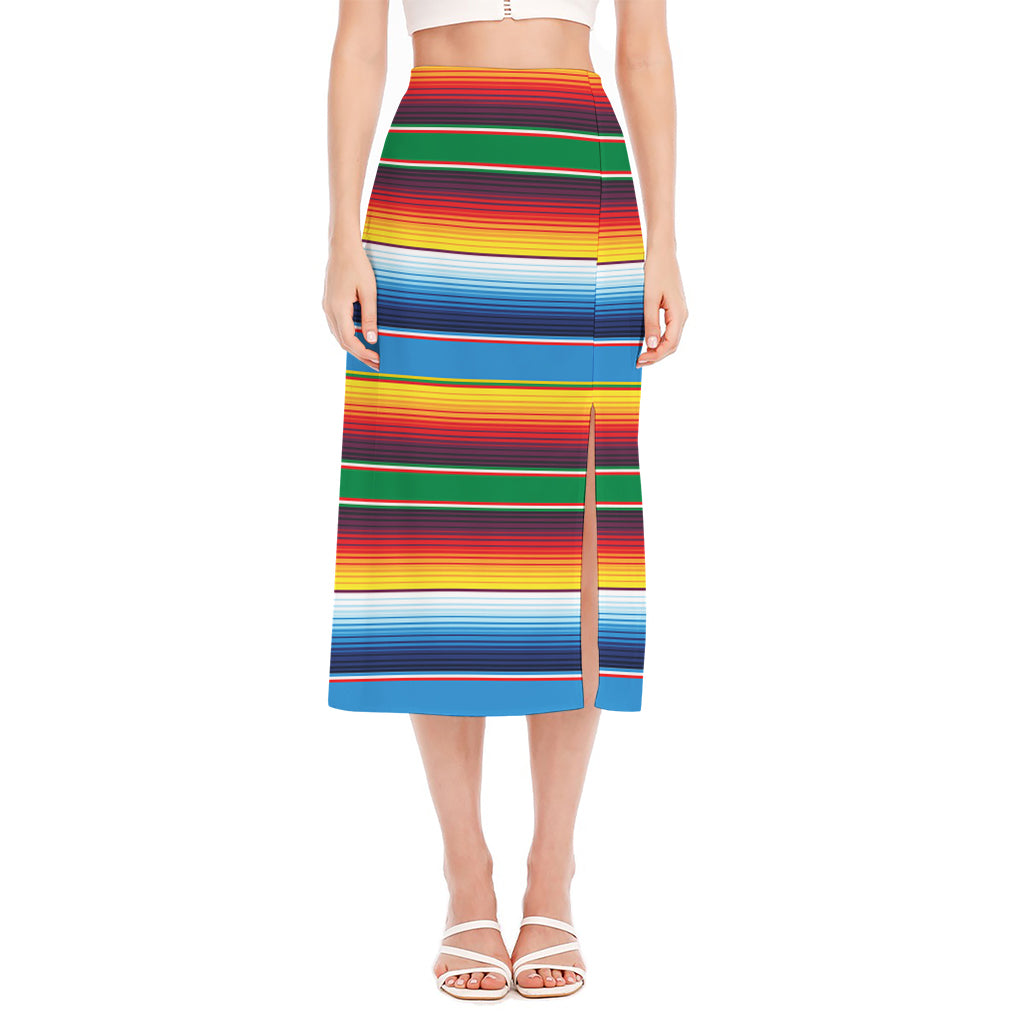 Tribal Mexican Blanket Stripe Print Side Slit Midi Skirt