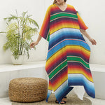 Tribal Mexican Blanket Stripe Print Silk V-Neck Kaftan Dress