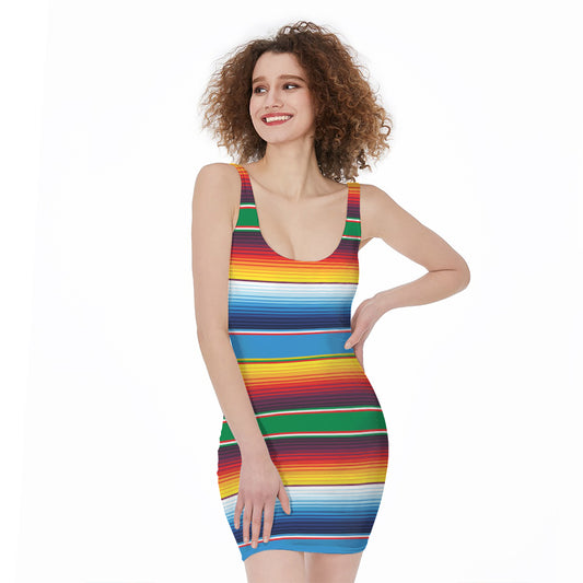 Tribal Mexican Blanket Stripe Print Sleeveless Bodycon Dress