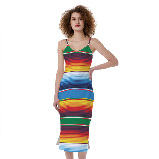 Tribal Mexican Blanket Stripe Print Slim Fit Midi Cami Dress