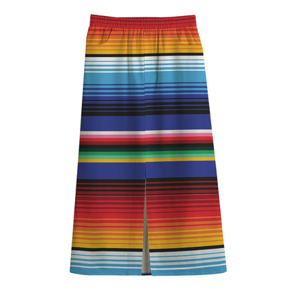 Tribal Mexican Serape Pattern Print Cotton Front Slit Maxi Skirt
