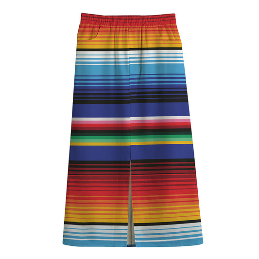 Tribal Mexican Serape Pattern Print Cotton Front Slit Maxi Skirt