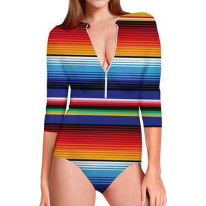 Tribal Mexican Serape Pattern Print Long Sleeve Swimsuit