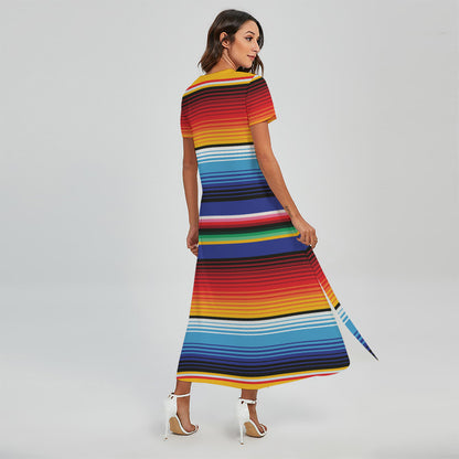 Tribal Mexican Serape Pattern Print Short Sleeve Maxi Dress