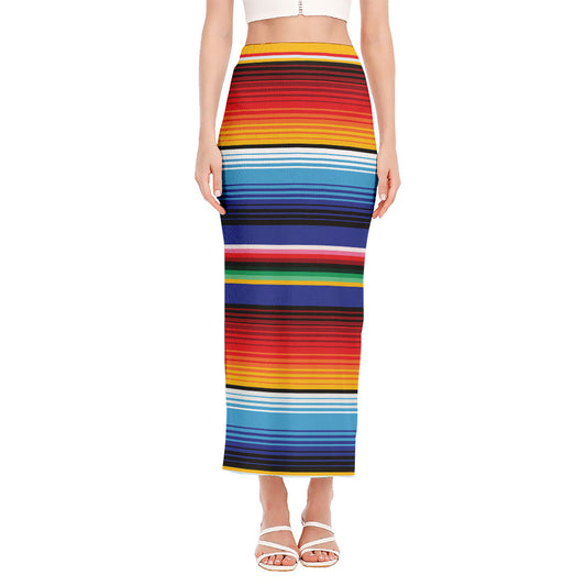 Tribal Mexican Serape Pattern Print Side Slit Maxi Skirt