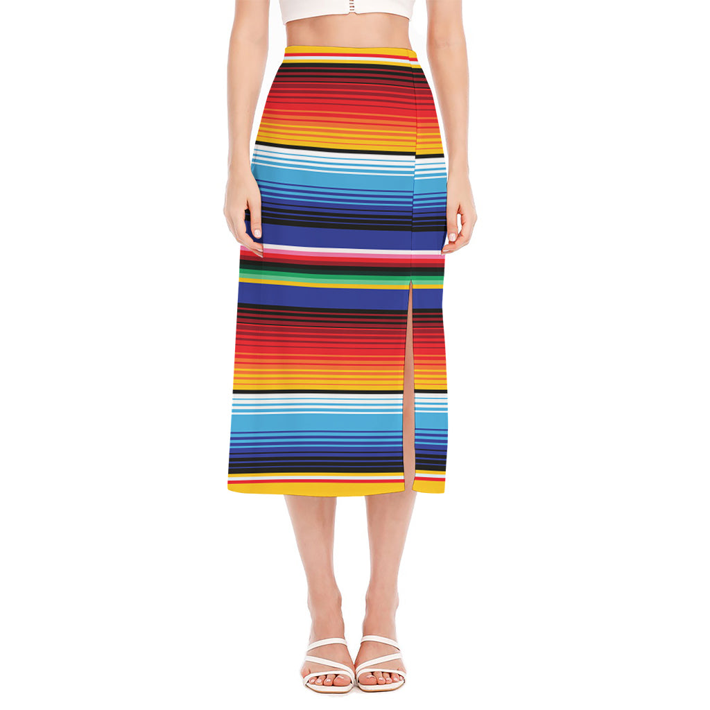 Tribal Mexican Serape Pattern Print Side Slit Midi Skirt