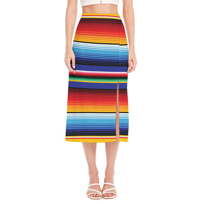 Tribal Mexican Serape Pattern Print Side Slit Midi Skirt