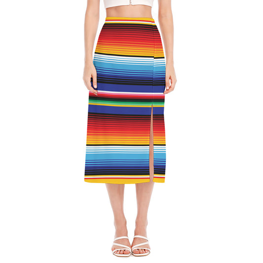 Tribal Mexican Serape Pattern Print Side Slit Midi Skirt