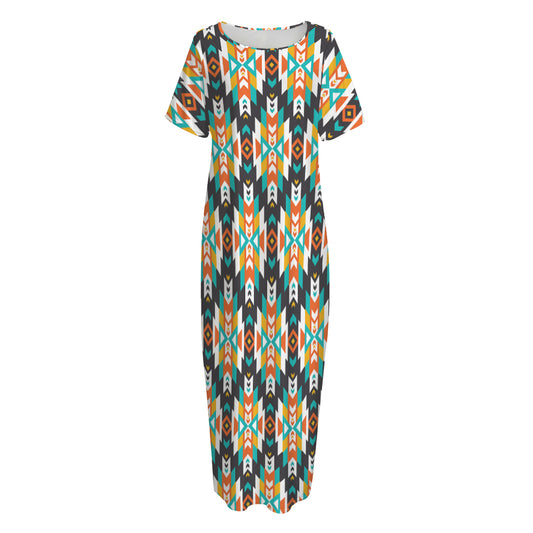 Tribal Native American Pattern Print Short Sleeve Long Nightdress