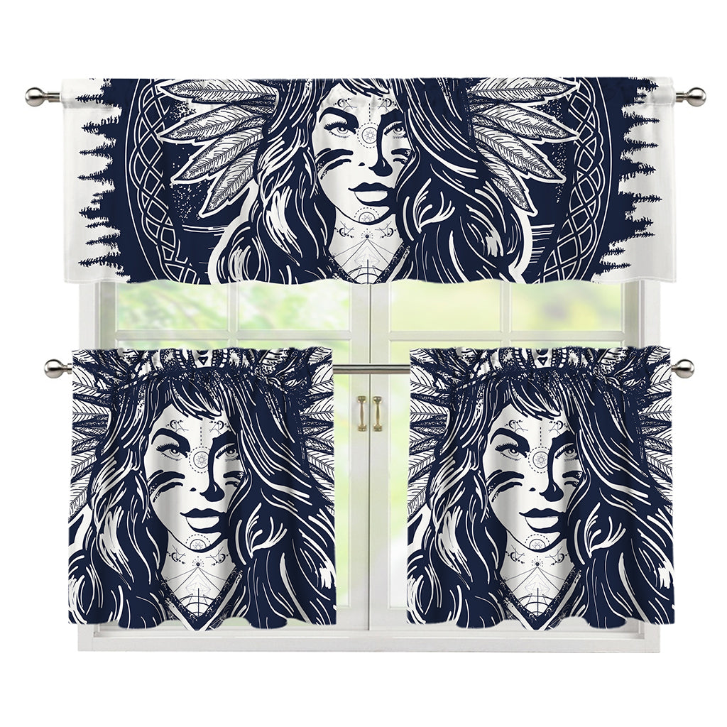 Tribal Native Indian Girl Print 3 Piece Kitchen Curtains