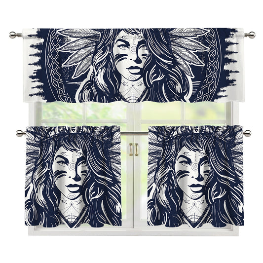 Tribal Native Indian Girl Print 3 Piece Kitchen Curtains