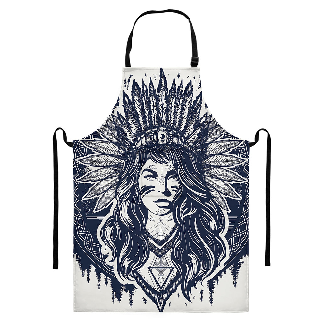 Tribal Native Indian Girl Print Bib Apron With Pocket