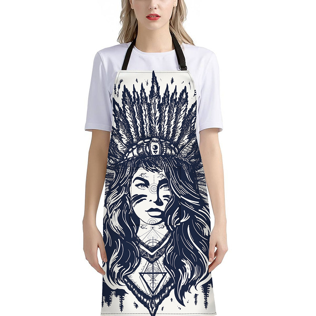 Tribal Native Indian Girl Print Bib Apron With Pocket