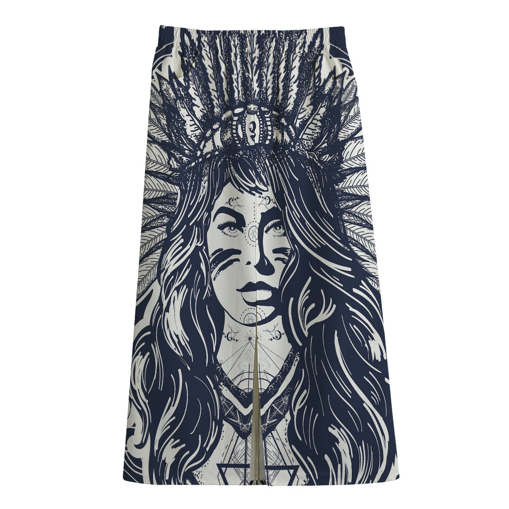 Tribal Native Indian Girl Print Cotton Front Slit Maxi Skirt