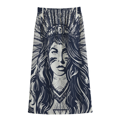 Tribal Native Indian Girl Print Cotton Front Slit Maxi Skirt