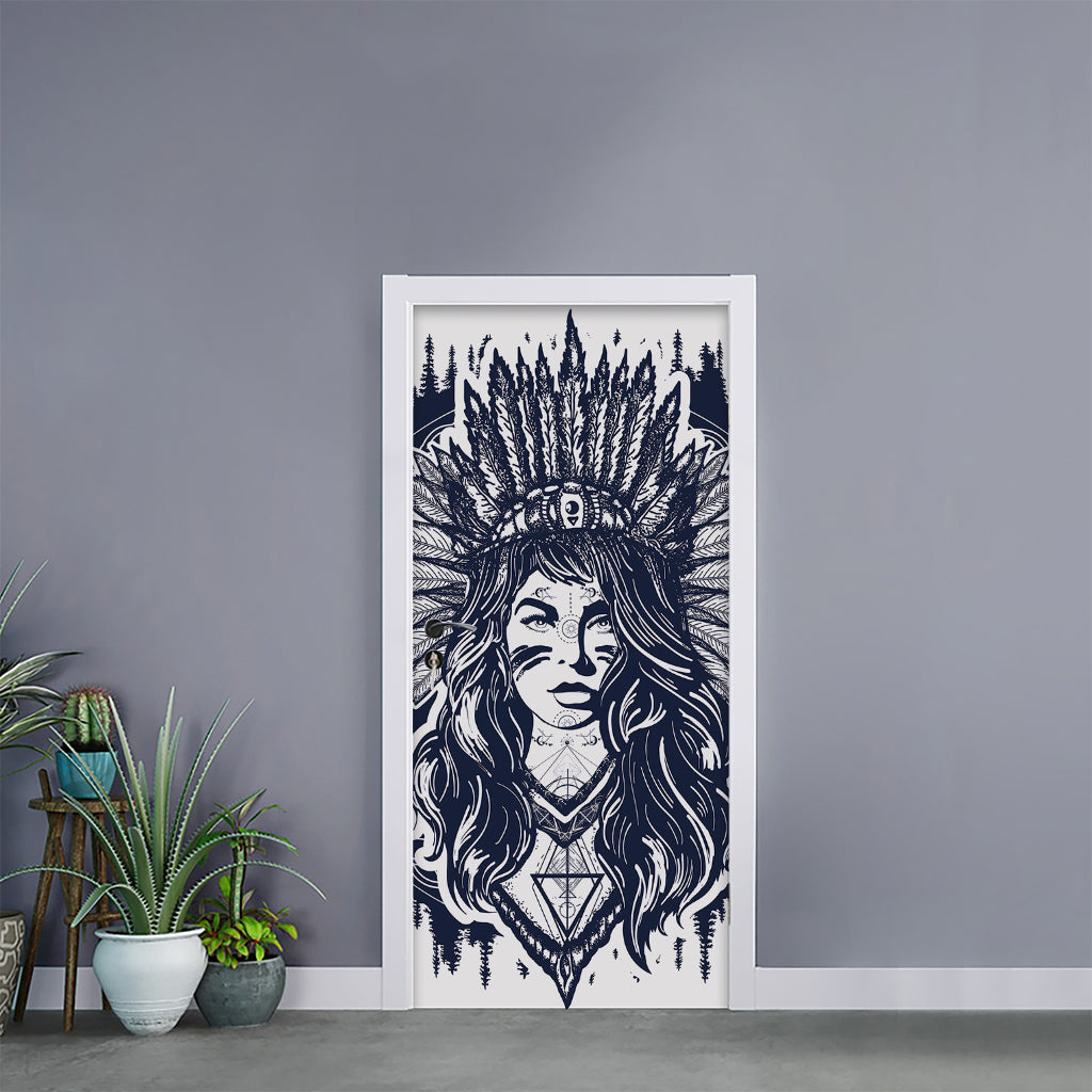 Tribal Native Indian Girl Print Door Sticker