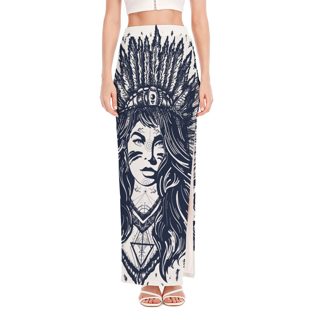 Tribal Native Indian Girl Print High Slit Maxi Skirt