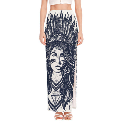Tribal Native Indian Girl Print High Slit Maxi Skirt