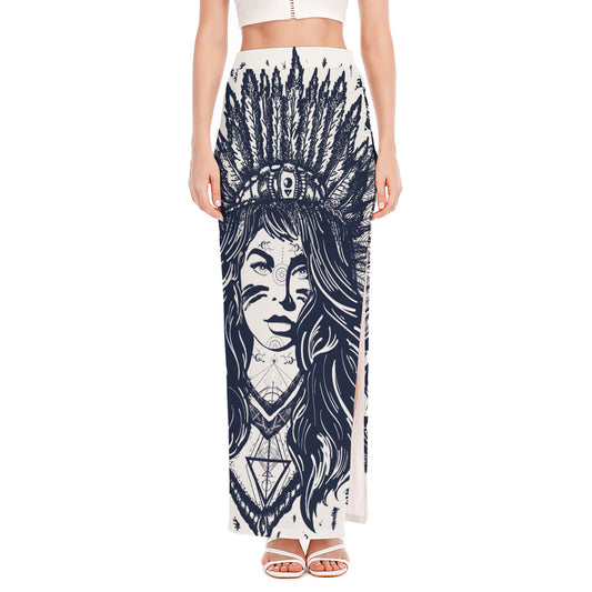 Tribal Native Indian Girl Print High Slit Maxi Skirt