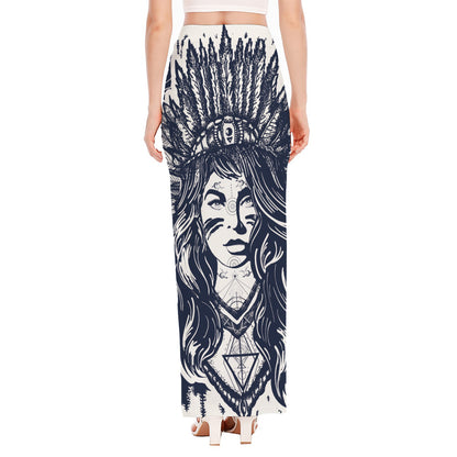 Tribal Native Indian Girl Print High Slit Maxi Skirt