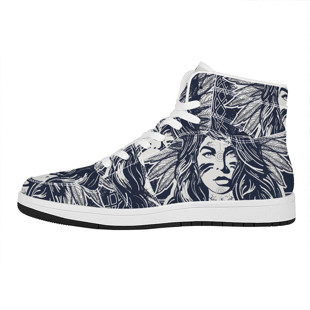 Tribal Native Indian Girl Print High Top Leather Sneakers