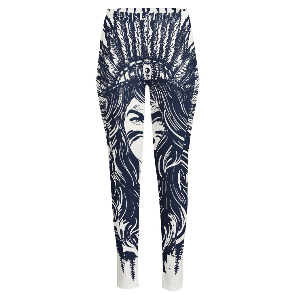 Tribal Native Indian Girl Print High-Waisted Pocket Leggings