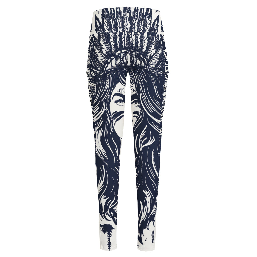 Tribal Native Indian Girl Print High-Waisted Pocket Leggings