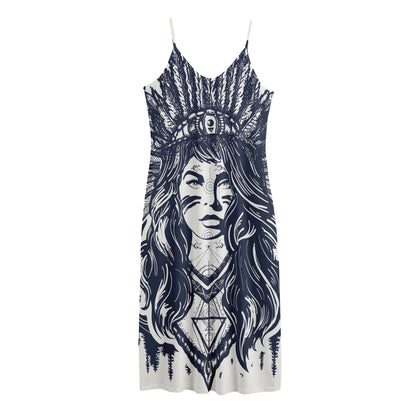 Tribal Native Indian Girl Print Jersey Midi Cami Dress