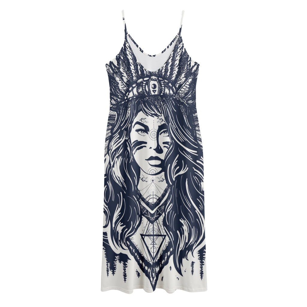 Tribal Native Indian Girl Print Jersey Midi Cami Dress