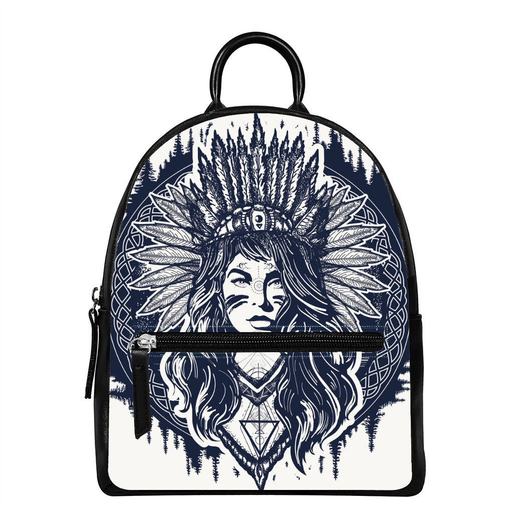 Tribal Native Indian Girl Print Leather Backpack