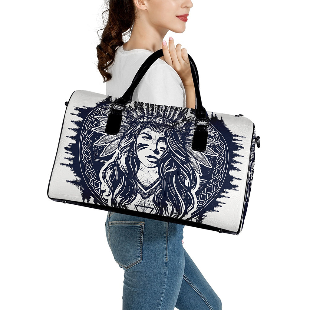 Tribal Native Indian Girl Print Leather Duffle Bag